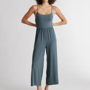 QUINCE Tencel Jersey Wide Leg Jumpsuit In Dark Olive Blue Stretch Size XL